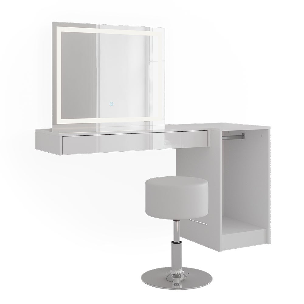 Vicco Stół do toalety Sherry, Biały, 140.2 cm z lustrem LED, taboretem i modułem z drążkiem na ubrania