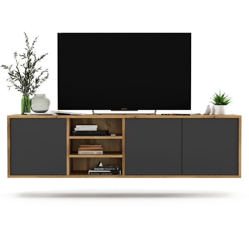 Szafka RTV, wisząca, NORD, 150x35x39 cm, dąb wotan, grafit, mat | TYLETEGOTU