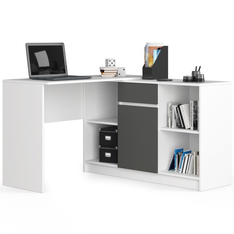 Biurko narożne AKORD B17 Białe 120 cm Zestaw z komodą 1 drzwi 1 szuflada kolor Grafit Szary mat 6 półek 120x126x79 cm
