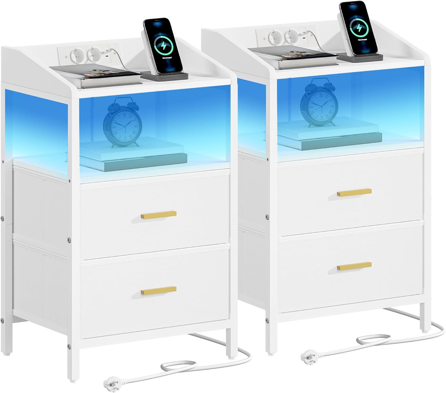 Stolików nocnych z oświetleniem LED i stacją ładującą, szafki nocne z 2 szufladami z tkaniny, stolik boczny z portami USB, (Biały, 2er Set)
