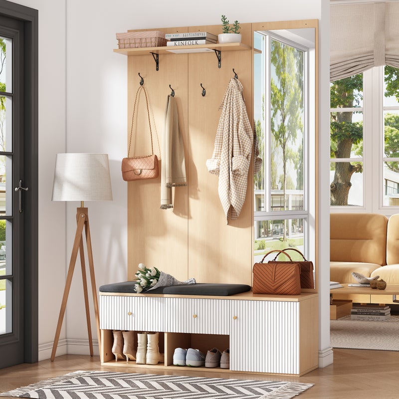 Zestaw mebli do przedpokoju, 120 x 40 x 200 cm - z lustrem i 4 haczykami - z ławką i półką na buty - Naturalny + Biały