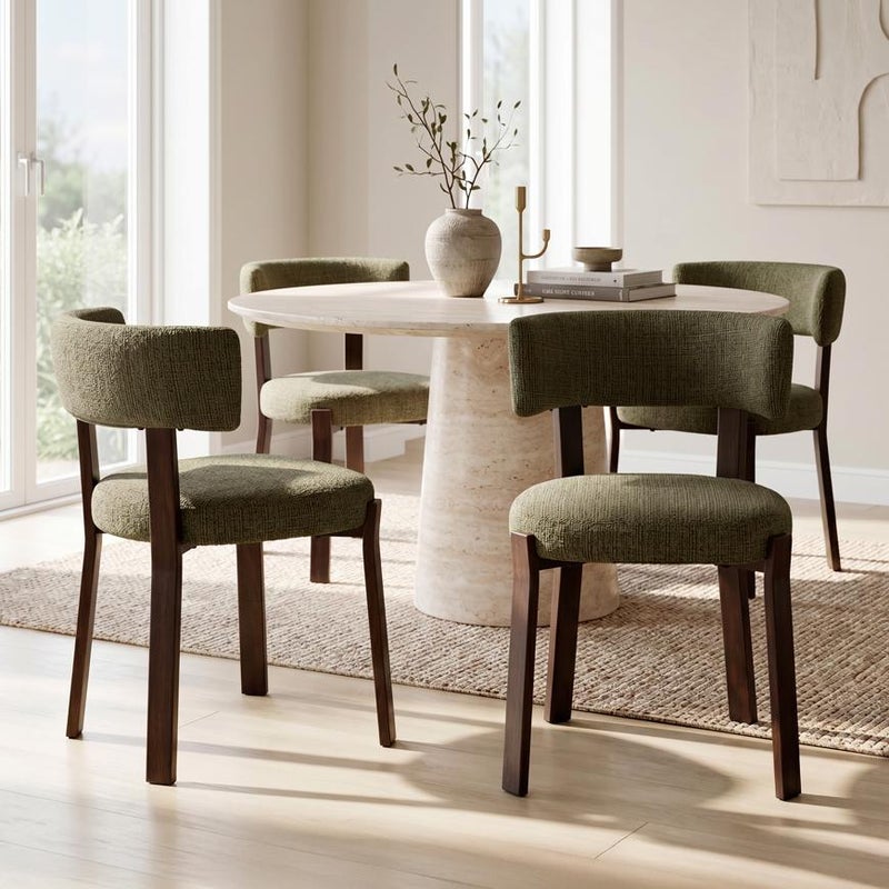 Zestaw 4 tapicerowanych rzędów w stylu japońskim, z tkanin szenilowej w kolorze khaki, z metalowymi nogami w kolorze orzecha włoskiego - ZOE