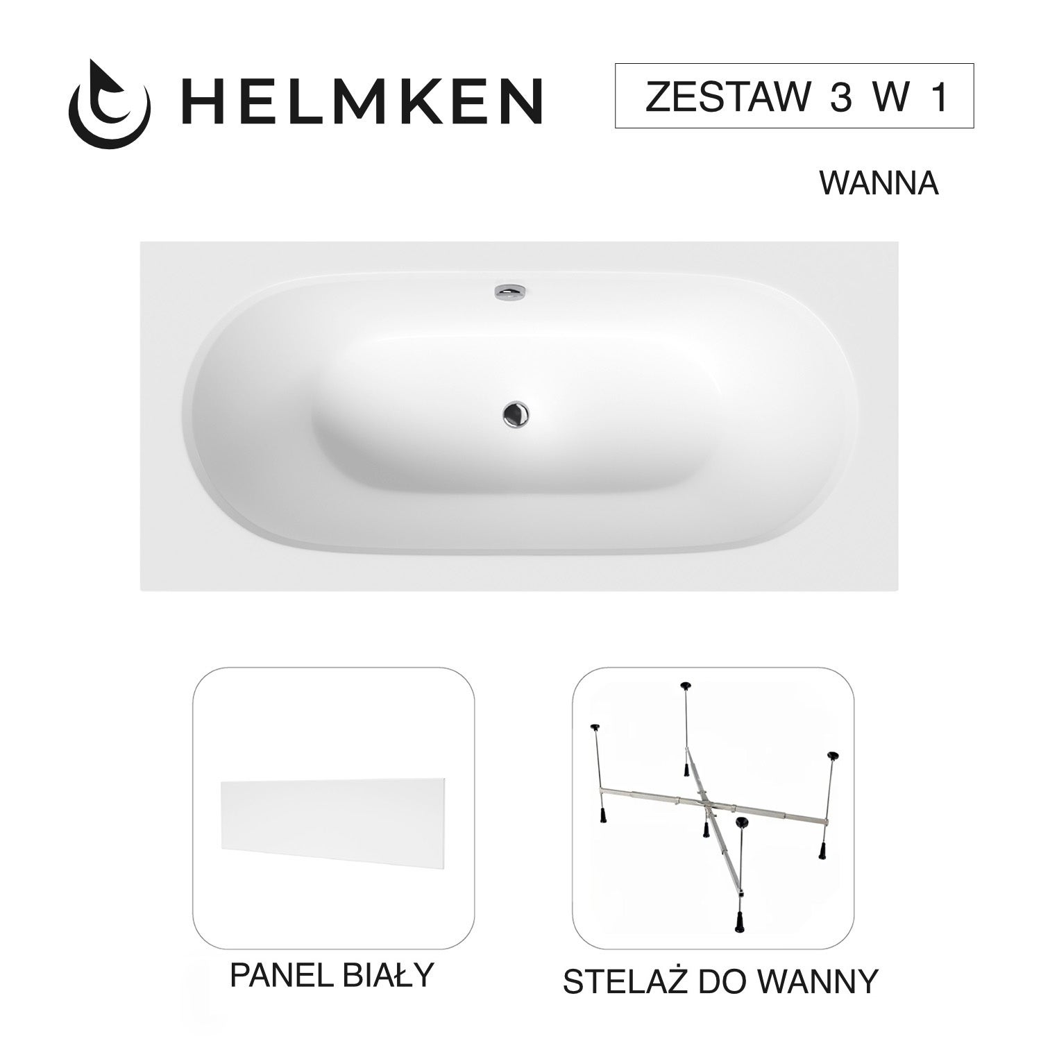 Wanna akrylowa Helmken Vienna 170 х 75 + Panel Biały + Stelaż uniwersalny do wanien Helmken 21230020 / 23099003-3S
