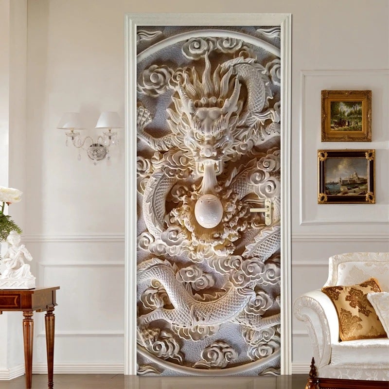 Naklejka na drzwi z efektem 3D, wytłoczony biały smok (77x200 cm), naklejka ścienna z PVC do wnętrz, do dekoracji ścian w salonie, kuchni, sypialni, ł