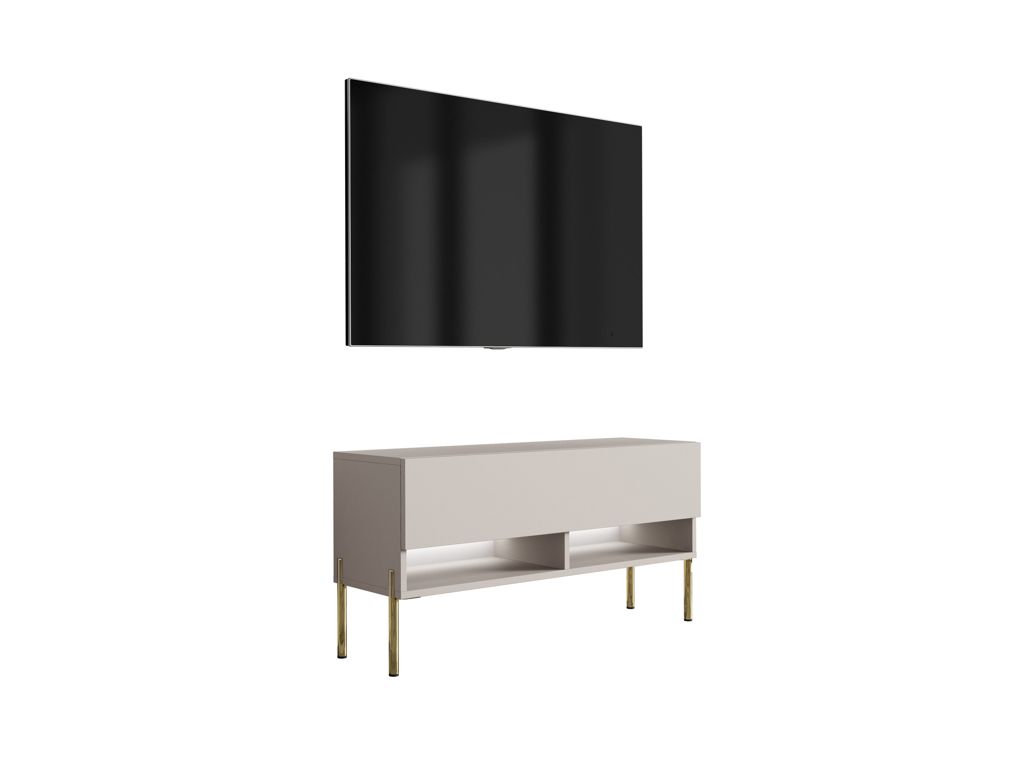 Szafka pod telewizor 100 cm Kaszmir, nóżki proste złote, LED biały, 100 × 32 × 52 cm