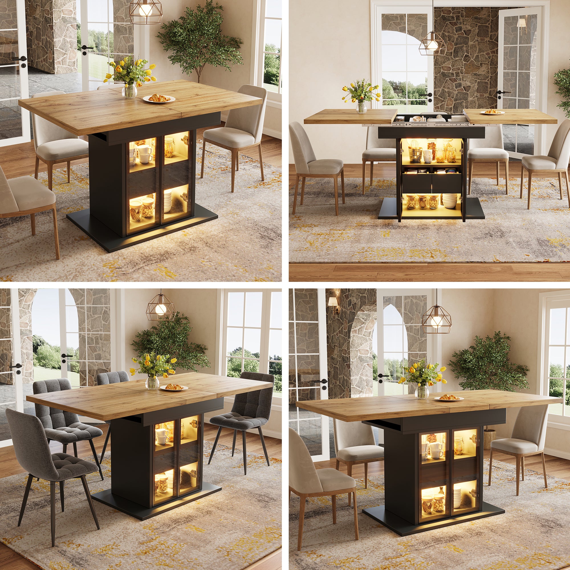 Rozkładany stół jadalny z oświetleniem LED, 2 szklanymi drzwiami i 1 szufladą w środku - MDF - 110/140 x 80 x 77,9 cm - Czarny