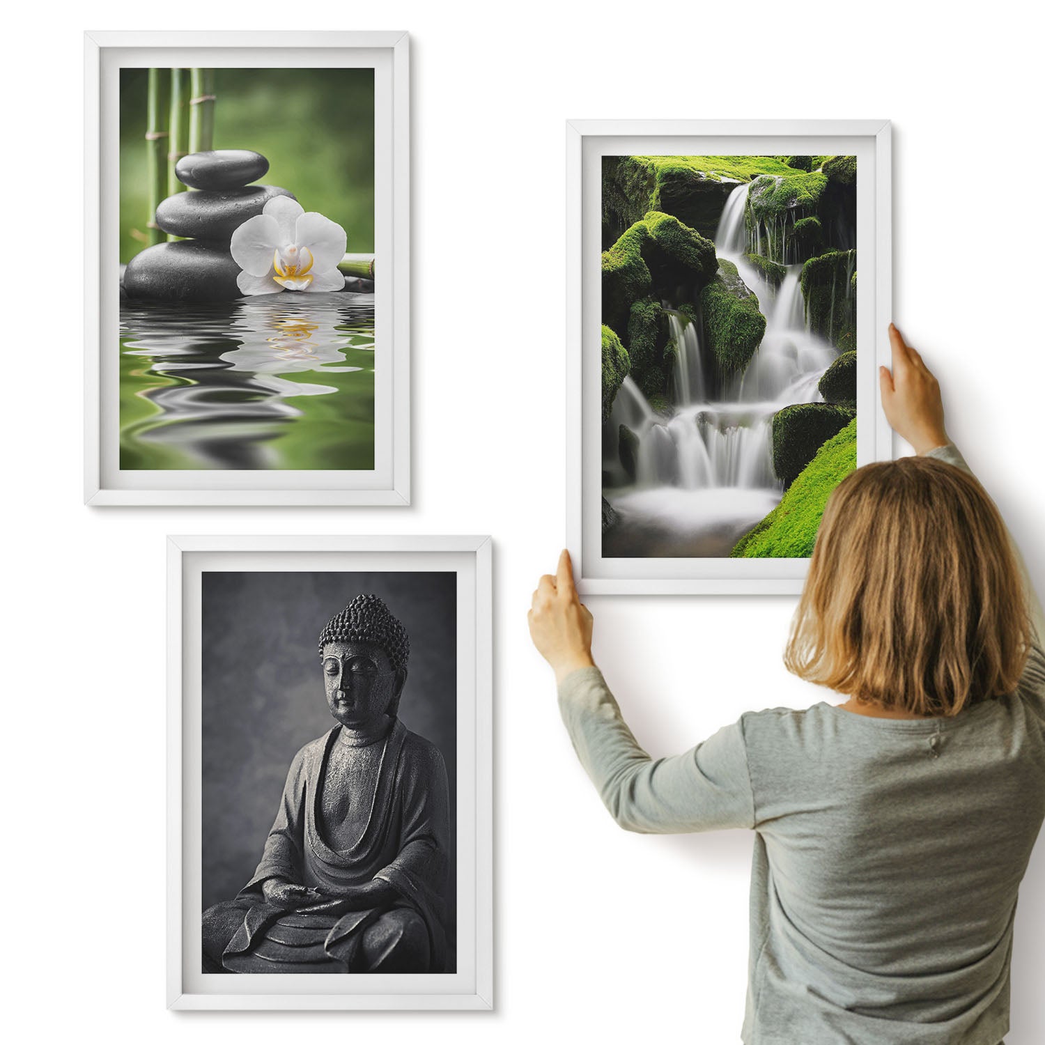 Galeria ścienna 3-częściowy komplet obrazów w białych ramach - Relaksujące obrazy ZEN z wodą kamieniami i Buddą - ArtPrintCave