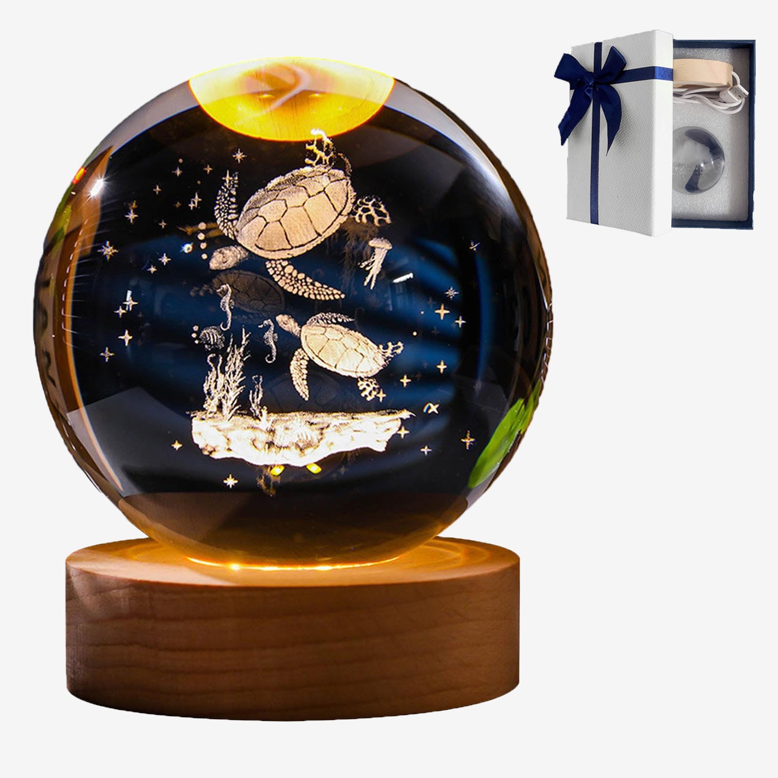 Lampka nocna 3D w kształcie kuli z żółwiem, 6 cm, oświetlenie LED, dotykowy włącznik ładowania, z podstawką z ciepłym światłem, prezent urodzinowy
