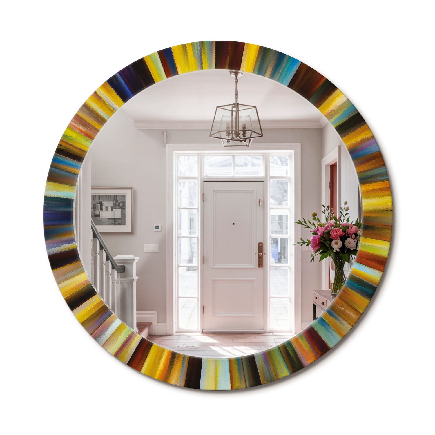 Stylowe lustro ścienne z hartowanym szkłem i printem Kolorowe promienie - 80 cm - ArtPrintCave