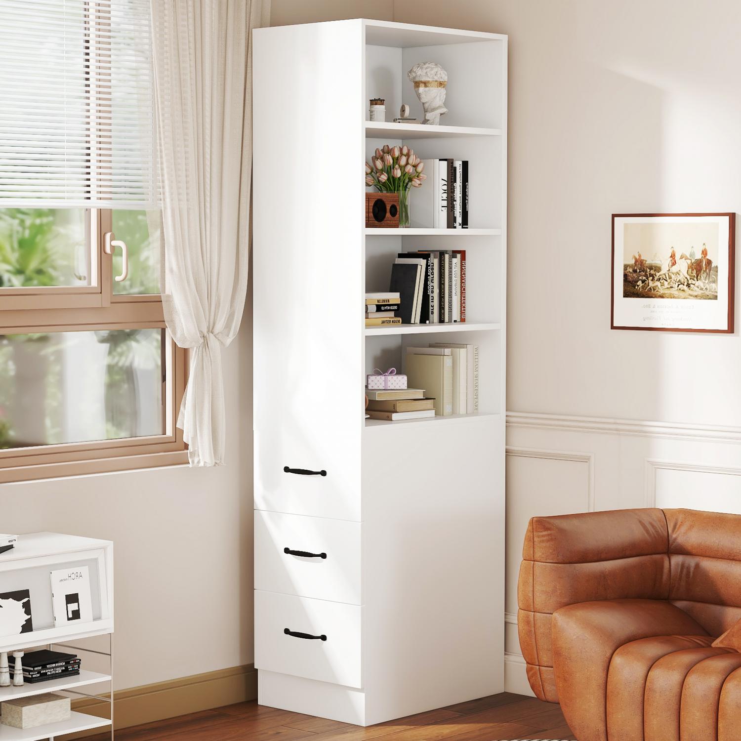 Wąska biblioteka 180 cm z regulowanymi półkami i wyjmowanymi szufladami bocznymi – wysoki, wielofunkcyjny mebel do salonu, biura lub kuchni