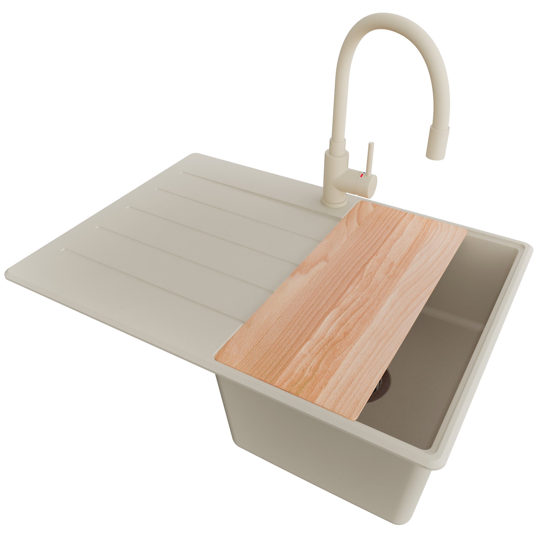 Zlewozmywak Granitowy Beżowy 70x50cm, Zlew Kuchenny 1 Komorowy + Bateria 38x14cm + Syfon + Deska, Nablatowy do szafki od 40cm - Kopenhaga PRIMAGRAN