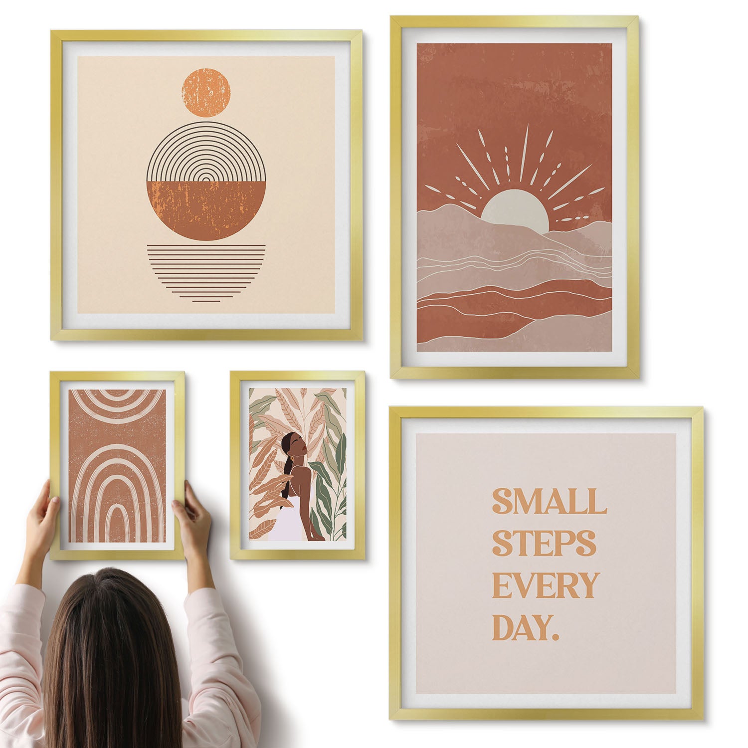 Galeria ścienna 5-częściowy komplet obrazów w złotych ramach - Styl boho z inspiracjami natury i pozytywnymi hasłami - ArtPrintCave