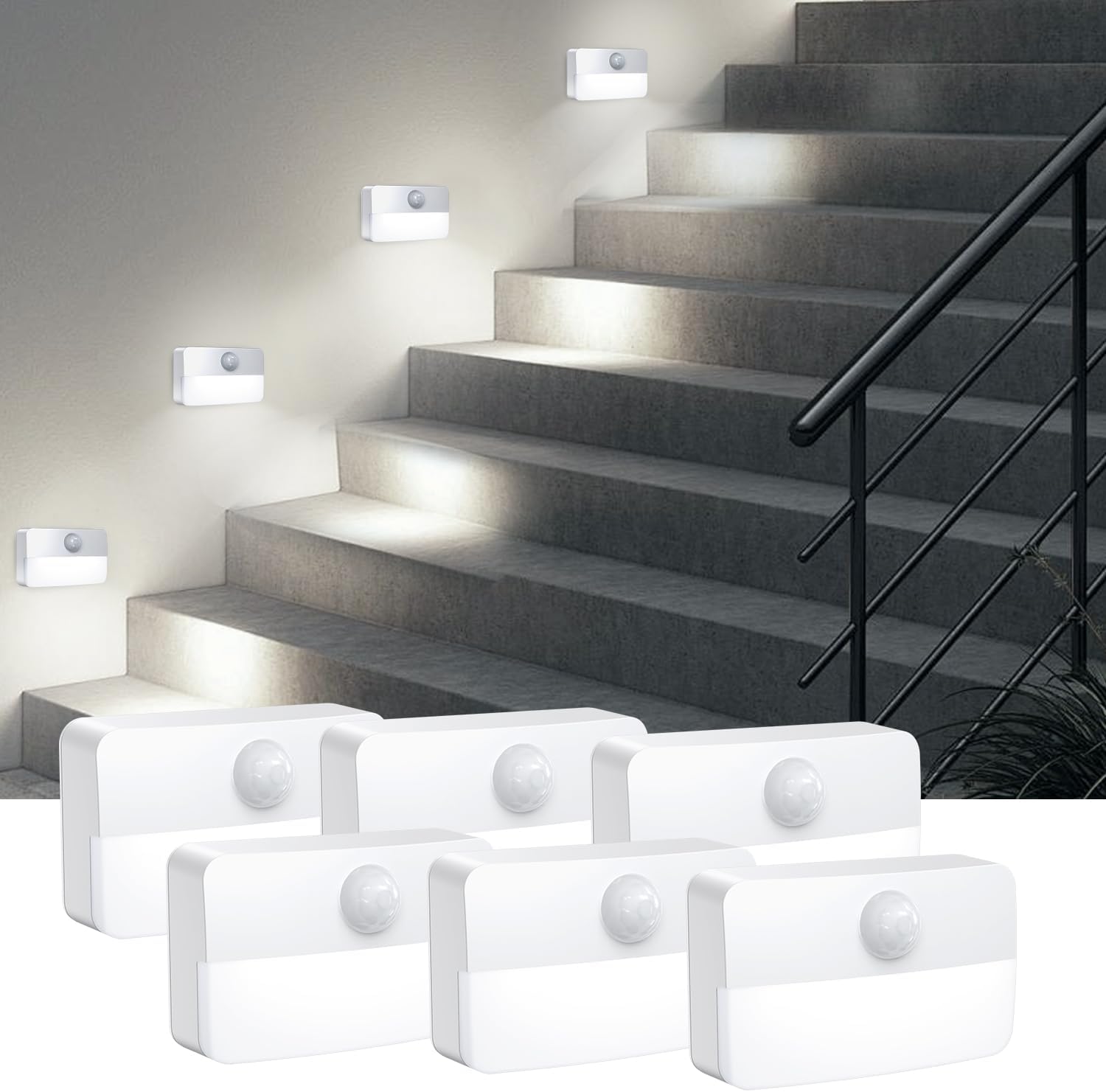 Zestaw 6 mini lampek schodowych z czujnikiem ruchu, zasilanych bateryjnie, lampek nocnych LED, 40 lumenów, 6500 K, do szaf, korytarzy, łazienek, kuchn