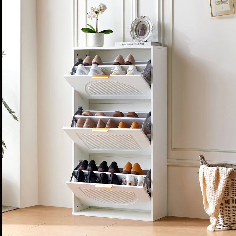 Szafka na buty z 3 drzwiami uchylnymi - 60 x 24 x 114 cm - MDF i złote uchwyty - biała