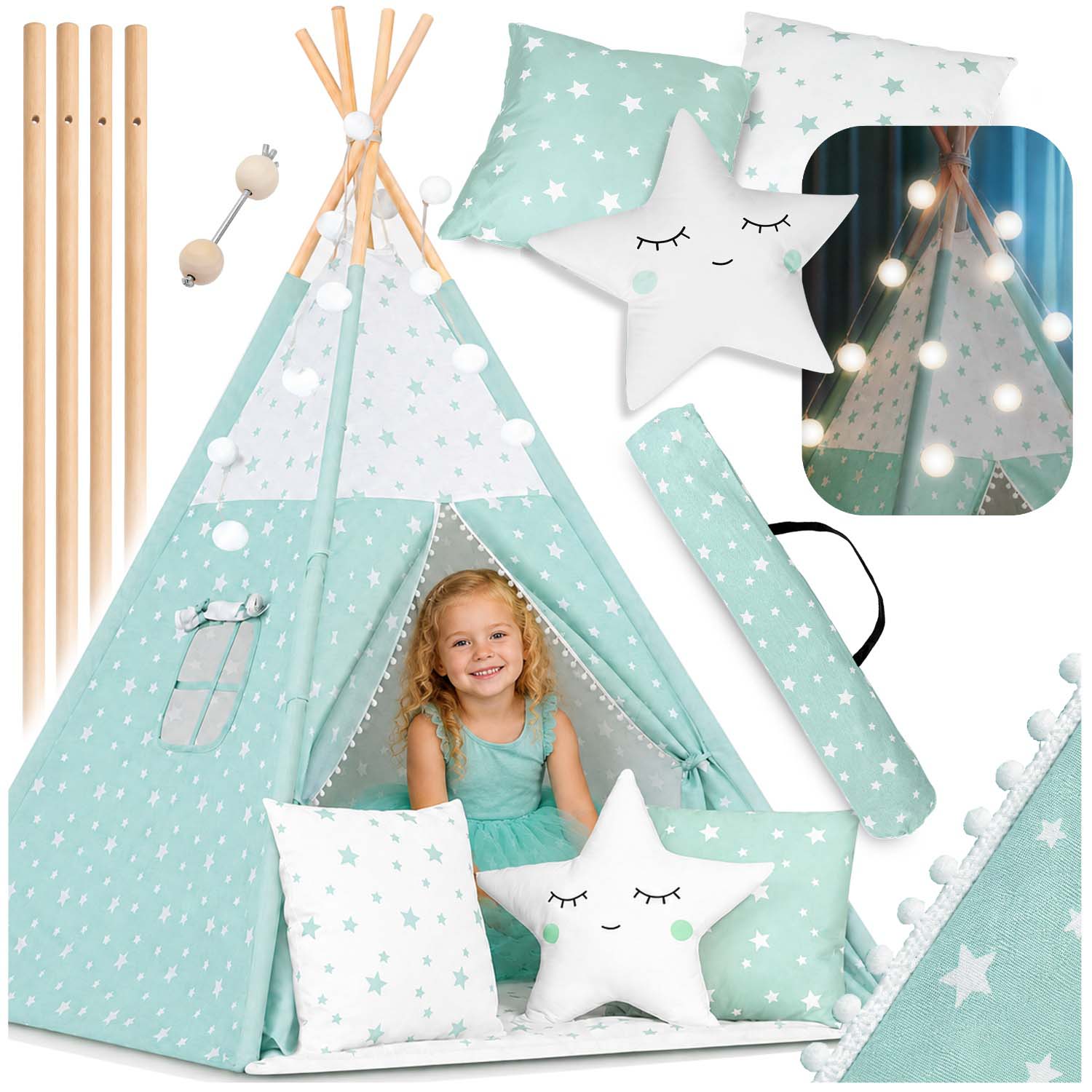 Tipi namiot wigwam Nukido NK-400 miętowy dla dzieci TEEPEE girlanda poduszki stabilizator