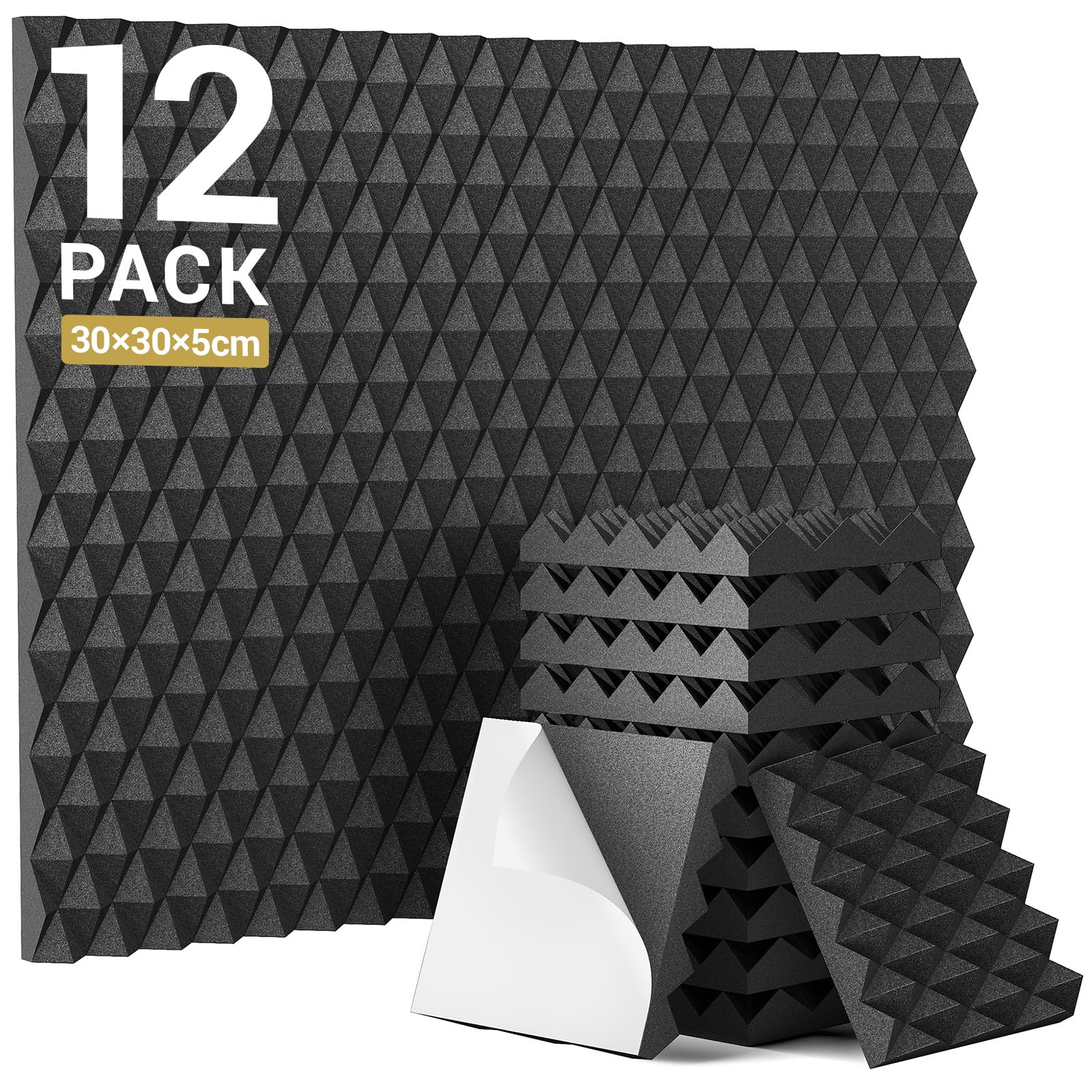 Zestaw 12 samoprzylepnych paneli akustycznych z pianki akustycznej 30×30×5 cm, piramidalne panele akustyczne, odpowiednie do domu i studia, czarne