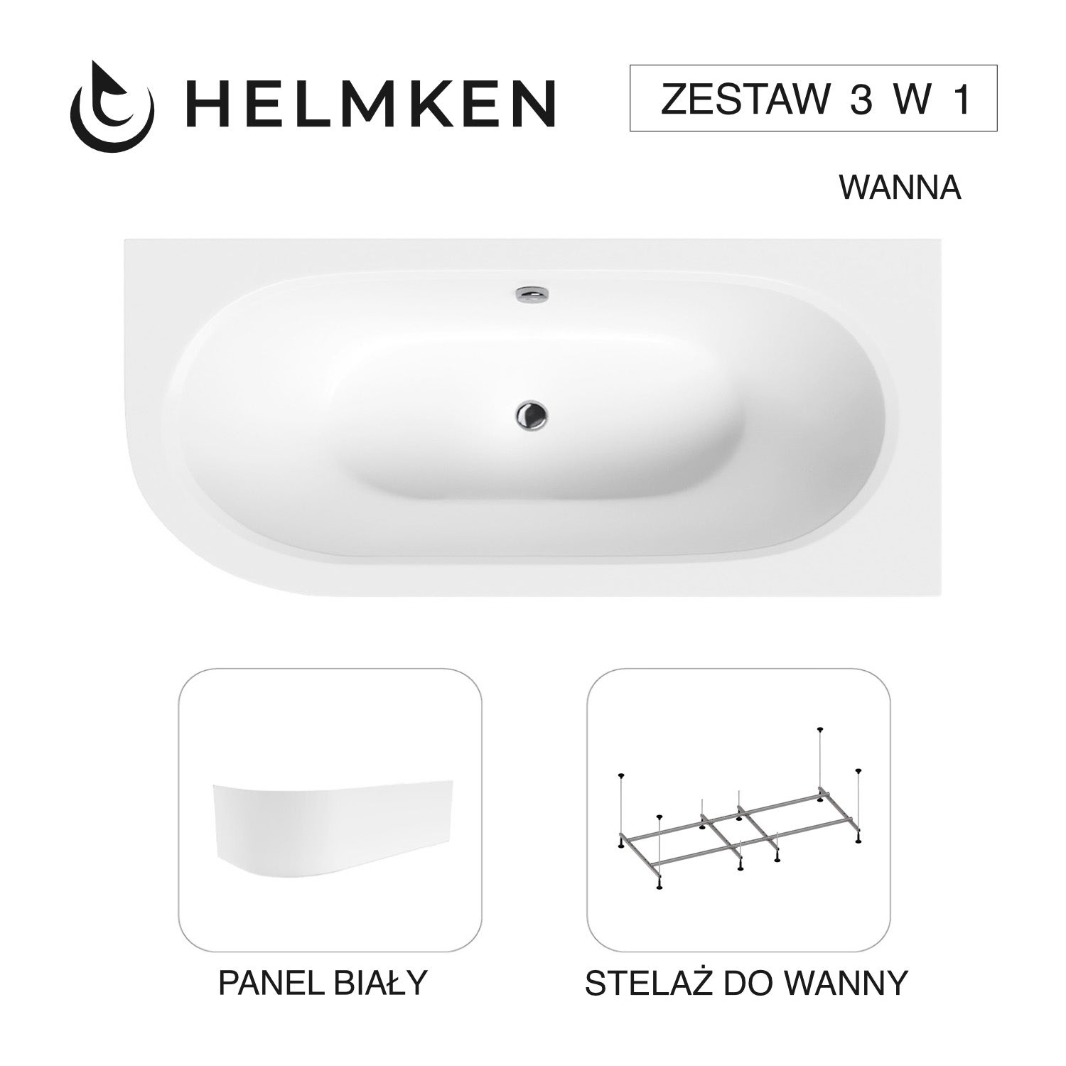 Wanna akrylowa Helmken Marbella Lux 150 x 75 Prawa + Panel Biały + Stelaż do wanien Helmken 21210028 / 23092001-3S