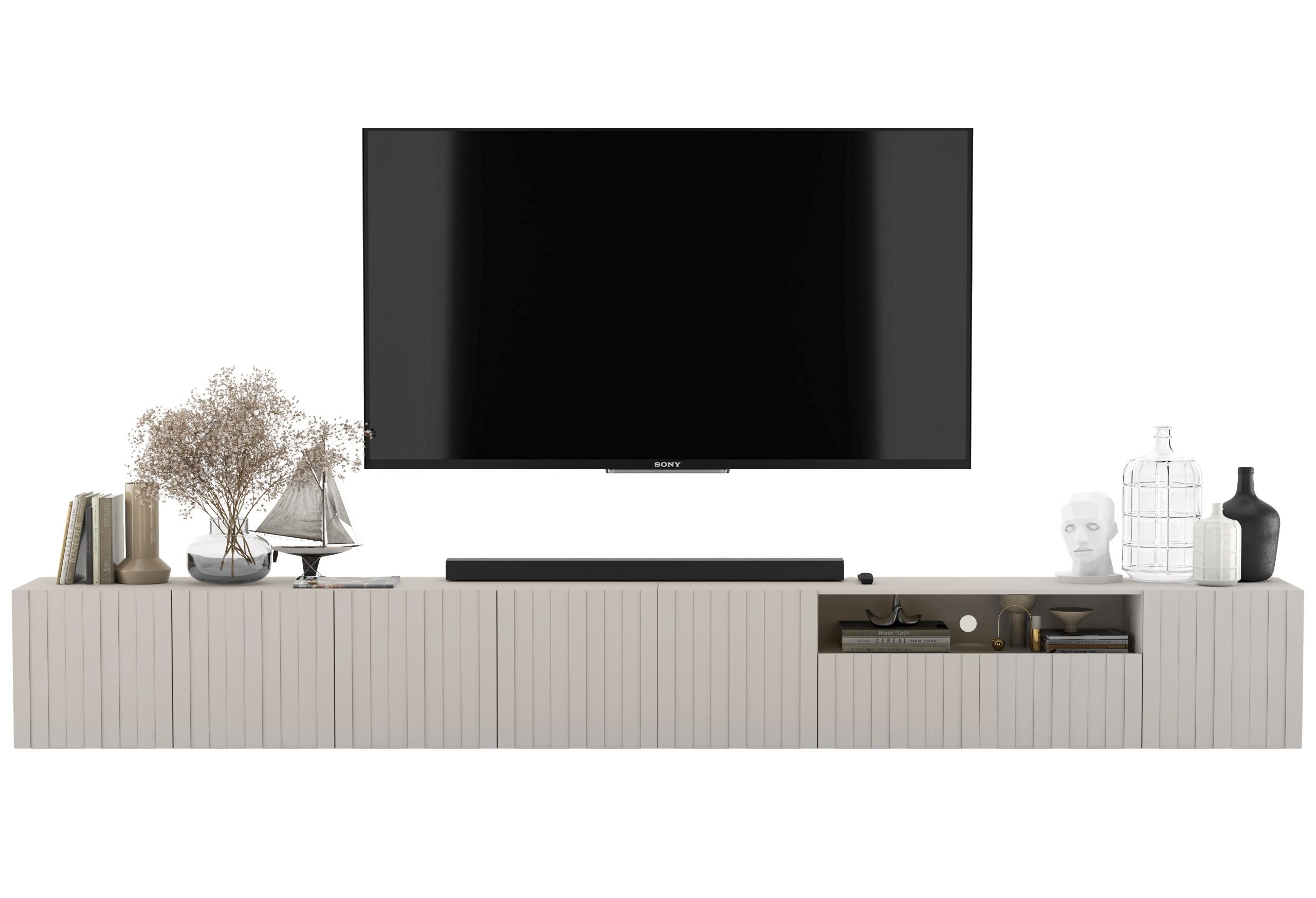 Nowoczesna wisząca szafka RTV Glamour 300 cm kaszmir mat, komoda pod telewizor do salonu