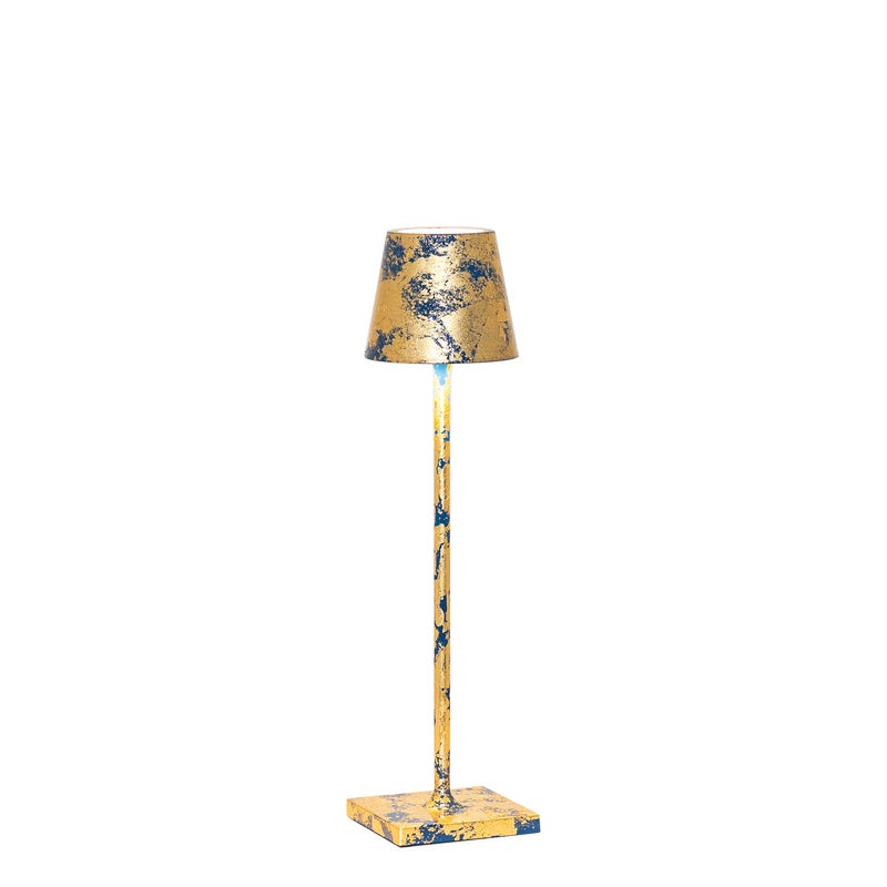 Lampa stołowa LED Poldina Pro Micro Capri Blue, matowa z złotymi płatkami, akumulatorowa i ściemnialna, do 12 h pracy