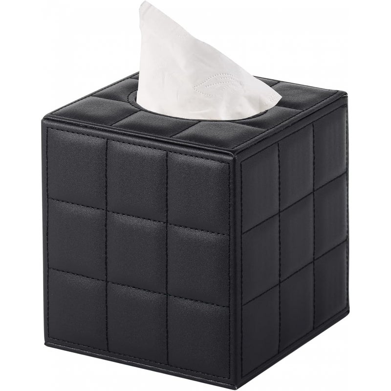 Kwadratowy skórzany pojemnik na chusteczki – podstawa magnetyczna, do przechowywania w domu i biurze – 1 sztuka, 16×14×14 cm (czarna kratka)