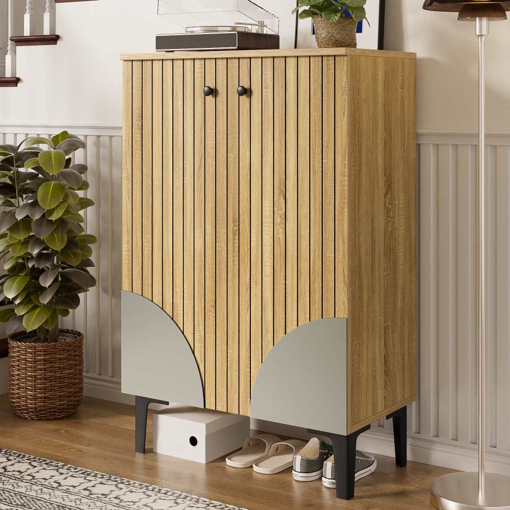 Nowoczesna drewniana szafka na buty z drzwiami, czarna rama z PVC, 60x32x94 cm – 3 półki, kompaktowa do przedpokoju i małych pomieszczeń