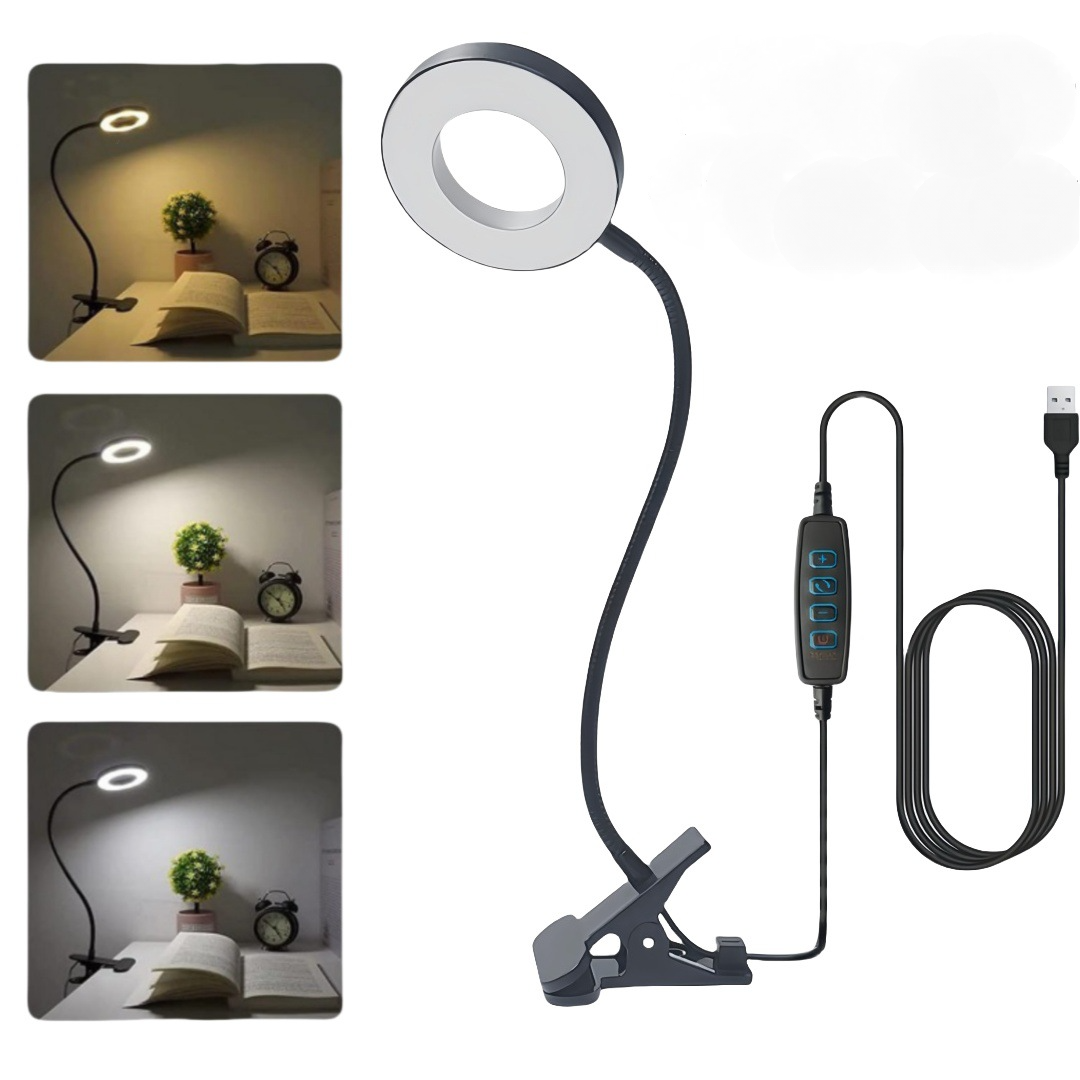 Lampka biurkowa LED z ochroną oczu, lampka do czytania, lampka biurkowa z klipsem USB, lampka do nauki, lampka nocna z trójkolorowym ściemniaczem
