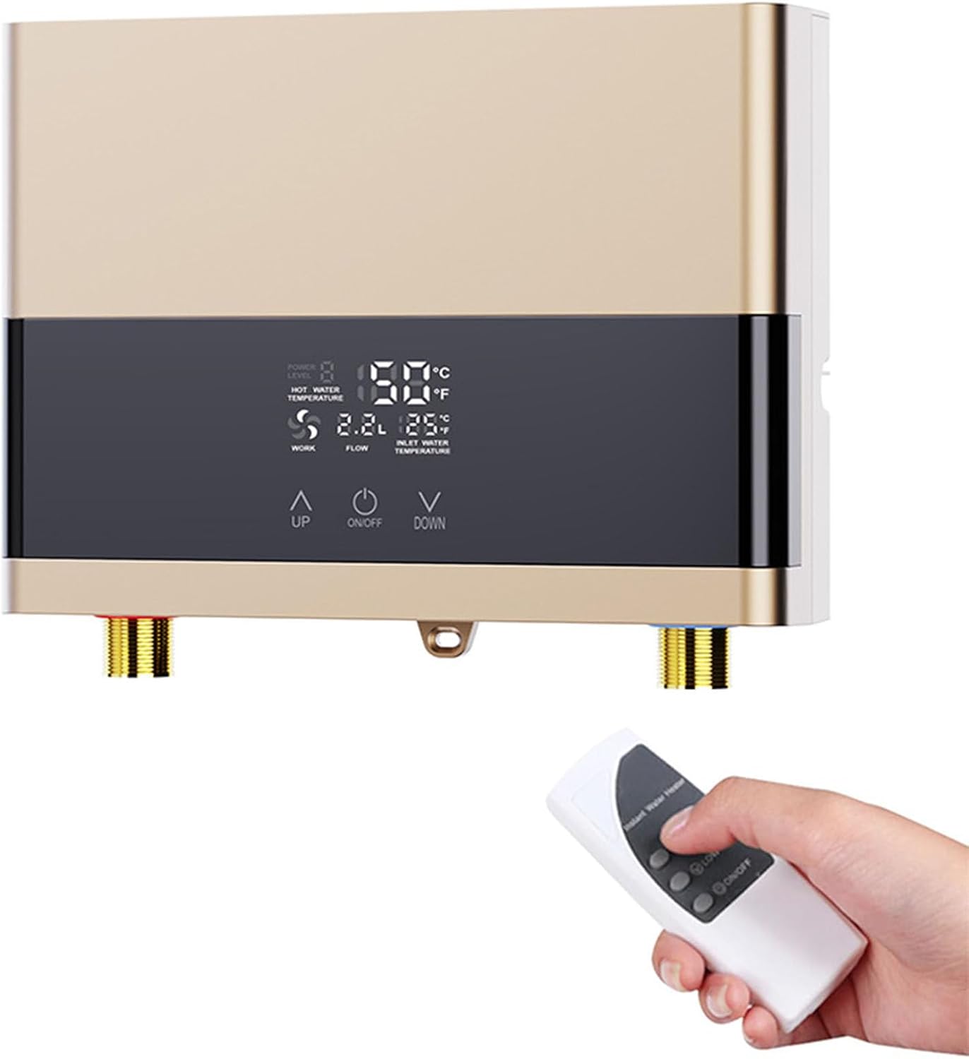 Miniaturowy inwerterowy podgrzewacz wody przepływowy 220 V 6000 W, wyświetlacz LCD temperatury i pilot zdalnego sterowania, złoty