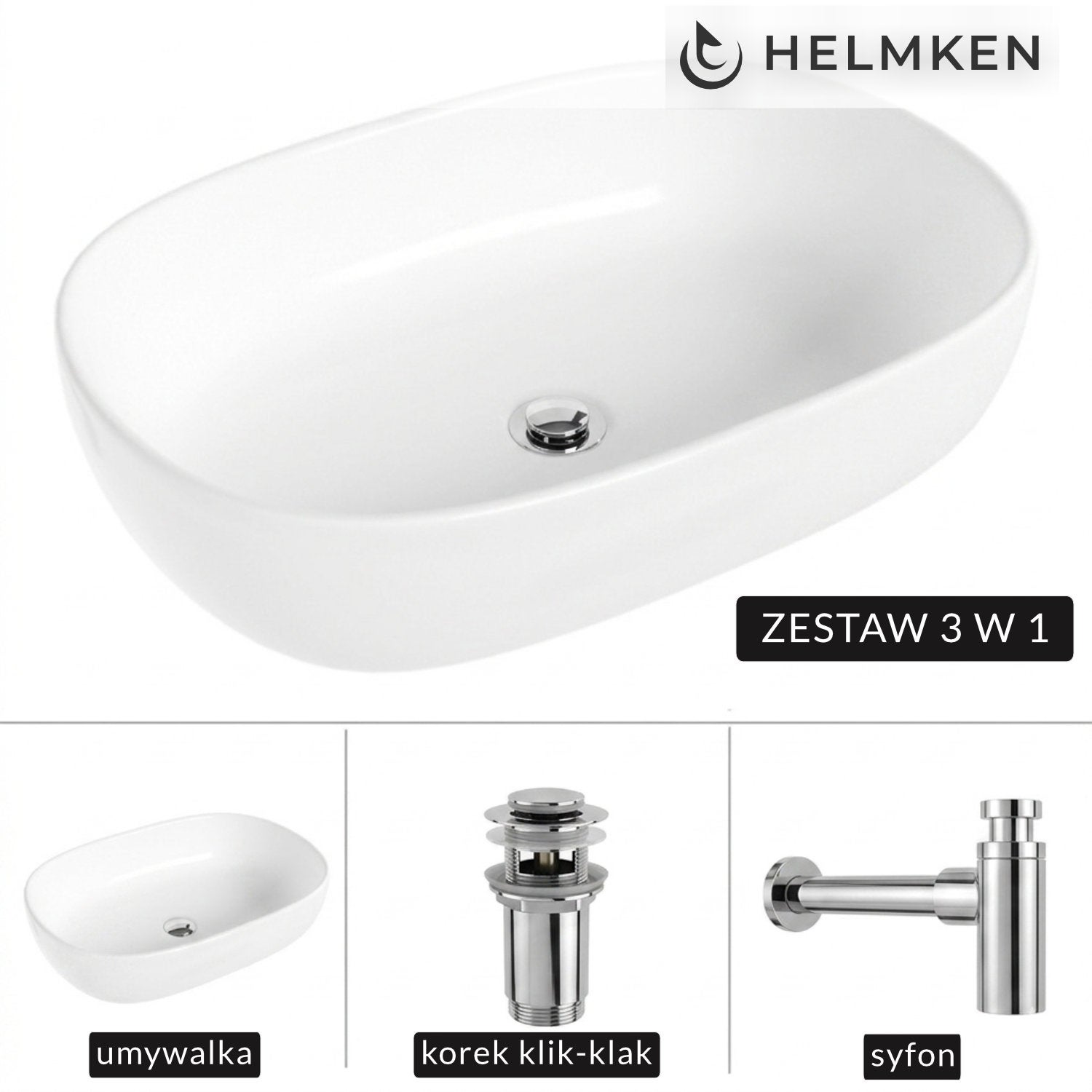 Umywalka nablatowa Helmken 83660000 (60x42.5) Biała + Syfon Chrom + Korek klik-klak Chrom
