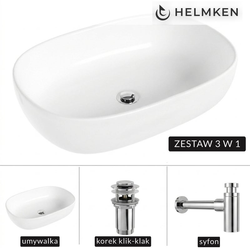 Umywalka nablatowa Helmken 83660000 (60x42.5) Biała + Syfon Chrom + Korek klik-klak Chrom