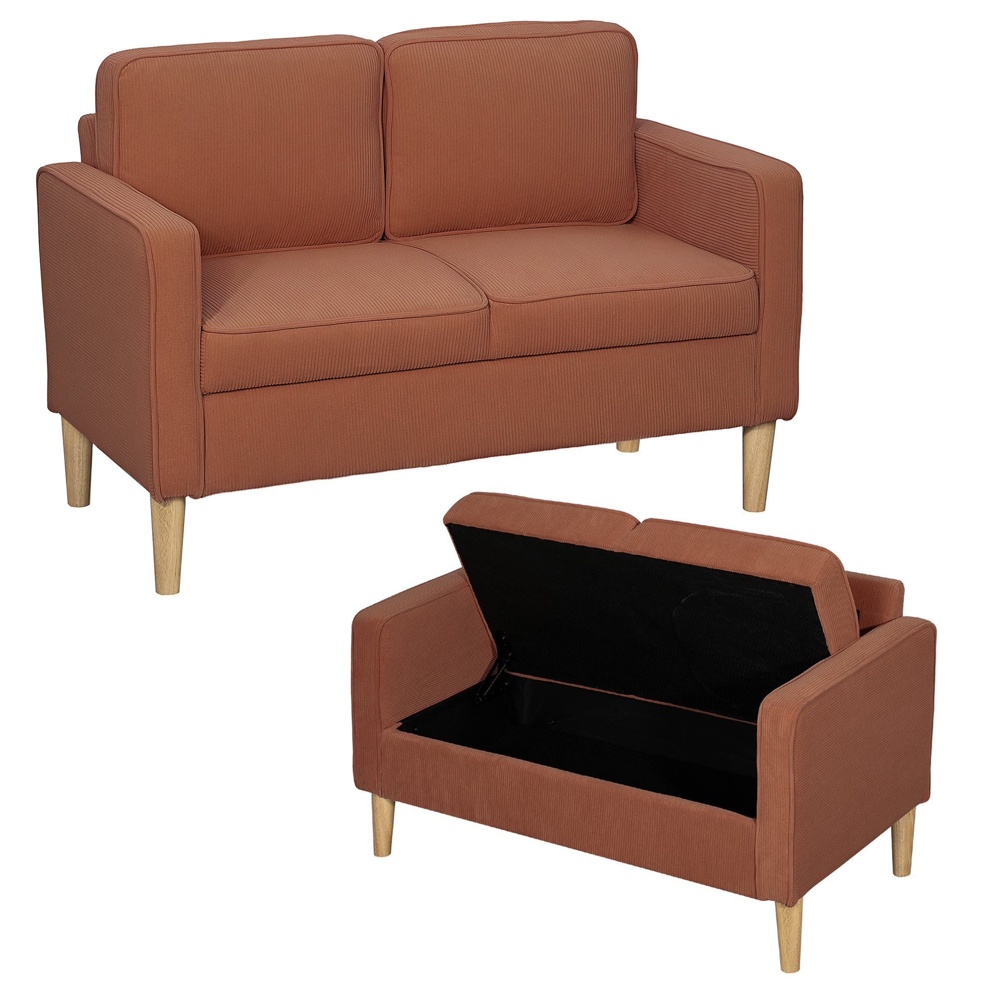 Dwuosobowa sofa z miejscem do przechowywania i solidnymi drewnianymi nogami, do salonu, sypialni, 117 x 63 x 79 cm, pomarańczowa