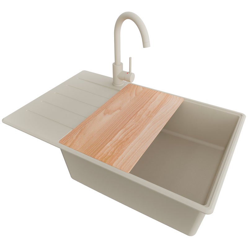 Zlewozmywak Granitowy Beżowy 78x50cm, Zlew Kuchenny 1 Komorowy + Bateria 32x20cm + Syfon + Deska, Nablatowy do szafki od 60cm - Kopenhaga PRIMAGRAN