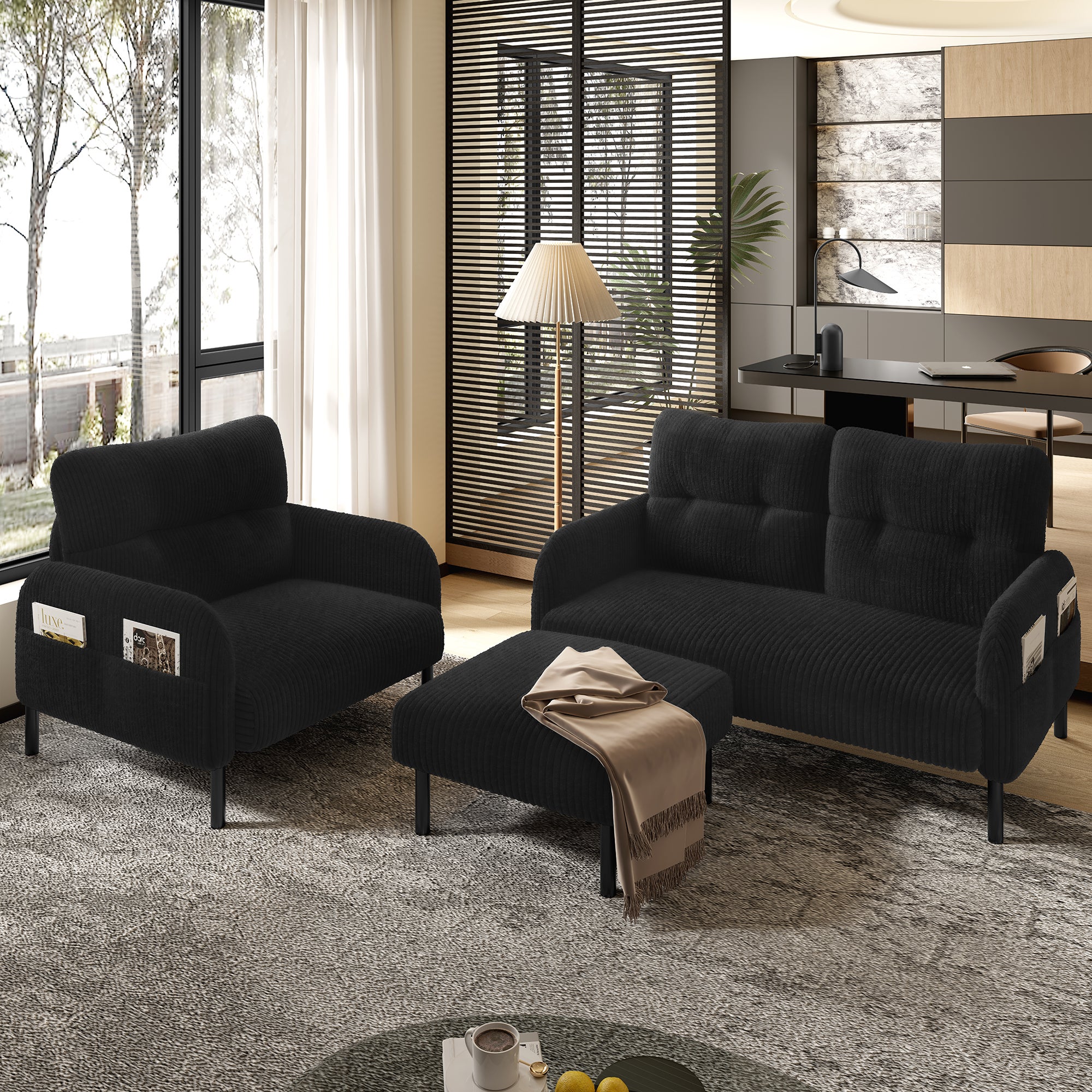 Zestaw Sofy Sztruksowej 3 Części - Sofa 2-Osobowa, Fotel i Pufa Czarna do Salonu