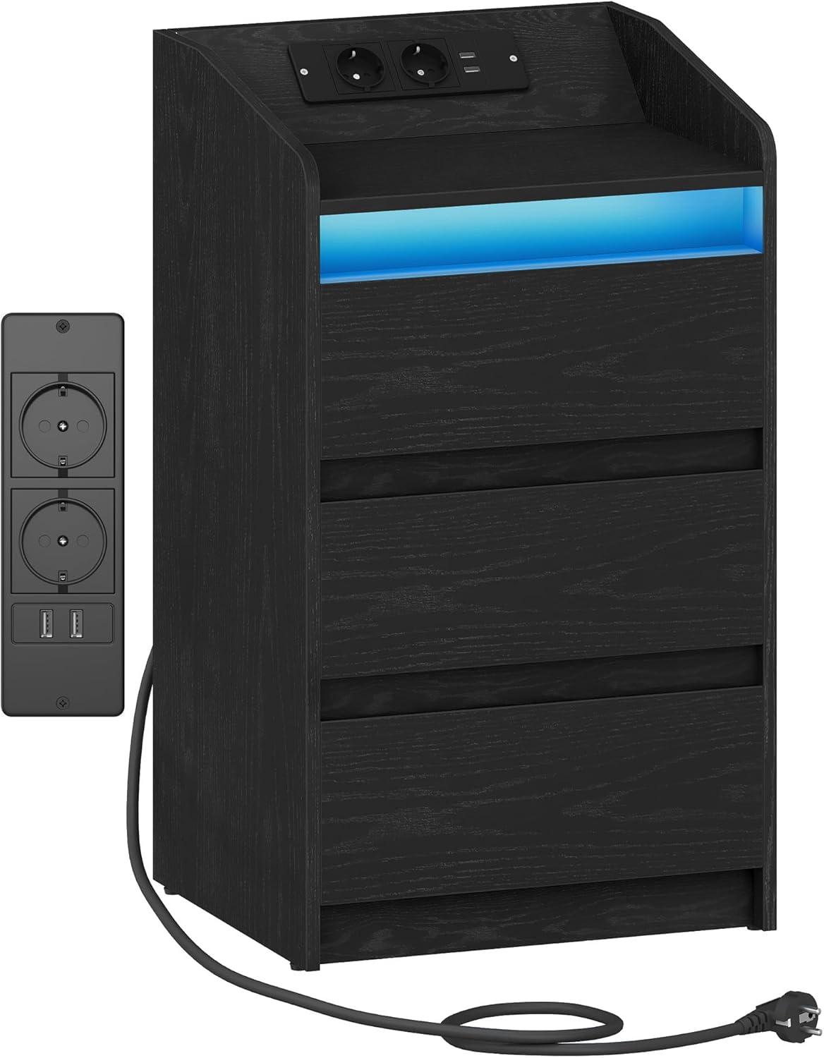 Stolik nocny z 3 szufladami, stolik boczny ze stacją ładującą i diodą LED, 2 porty AC i 2 porty USB do sypialni, salonu, Czarny
