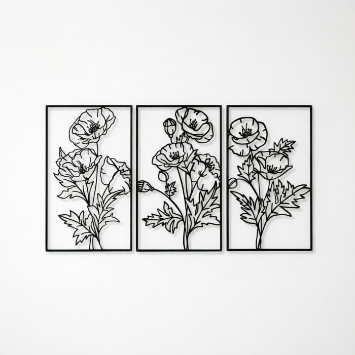 3 czarne metalowe dekoracje ścienne – kwiatowa dekoracja ścienna – 42 x 25 cm, wisząca dekoracja ścienna, czarna
