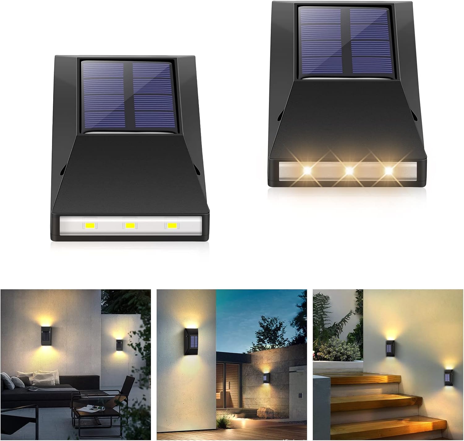 Lampy solarne zewnętrzne do ogrodu, 2 zewnętrzne lampy ścienne LED IP65 wodoodporne, góra i dół, do portu