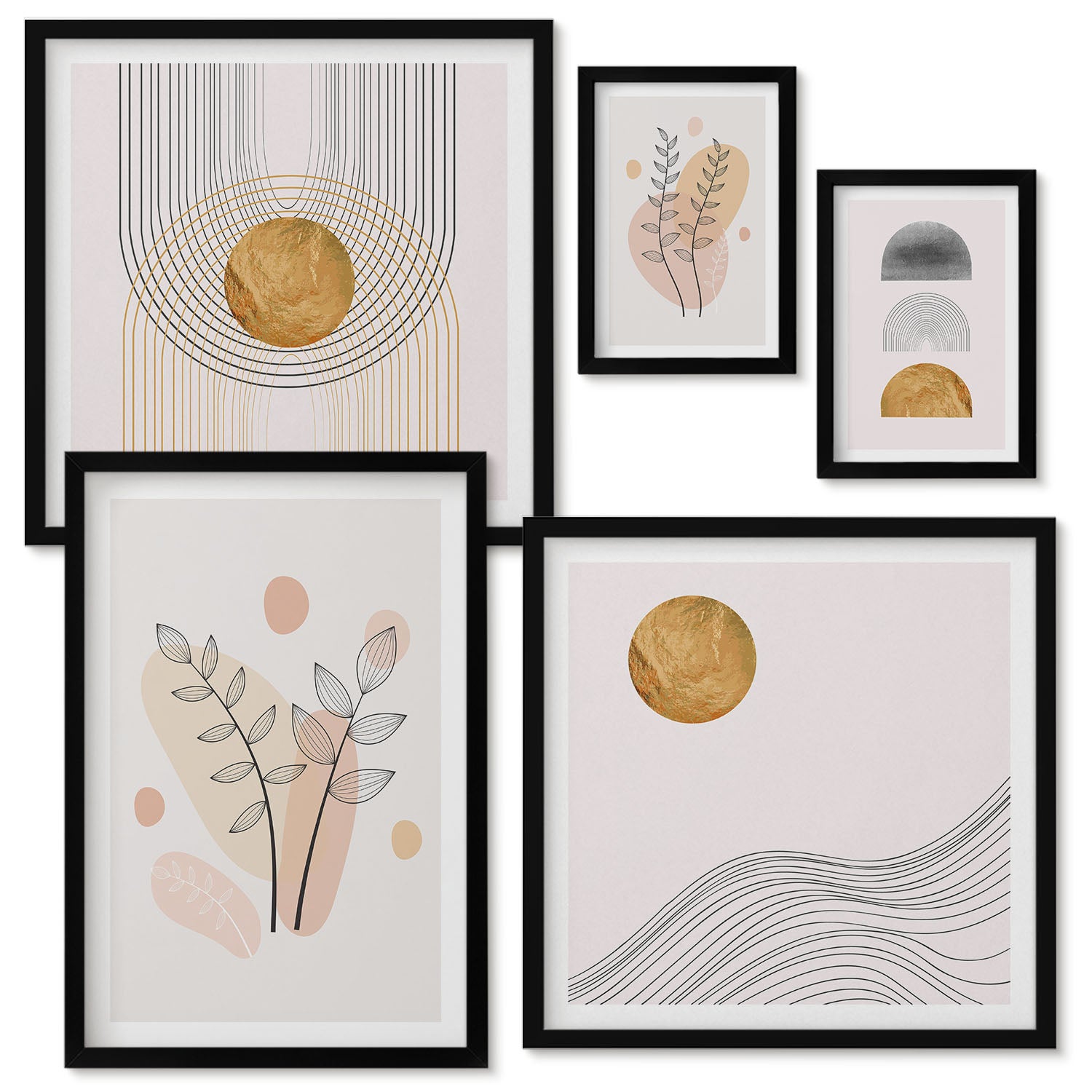 Zestaw obrazów w ramie - 5 części | Stylowe dekoracje w minimalistycznym designie z roślinami | Czarna ramka
