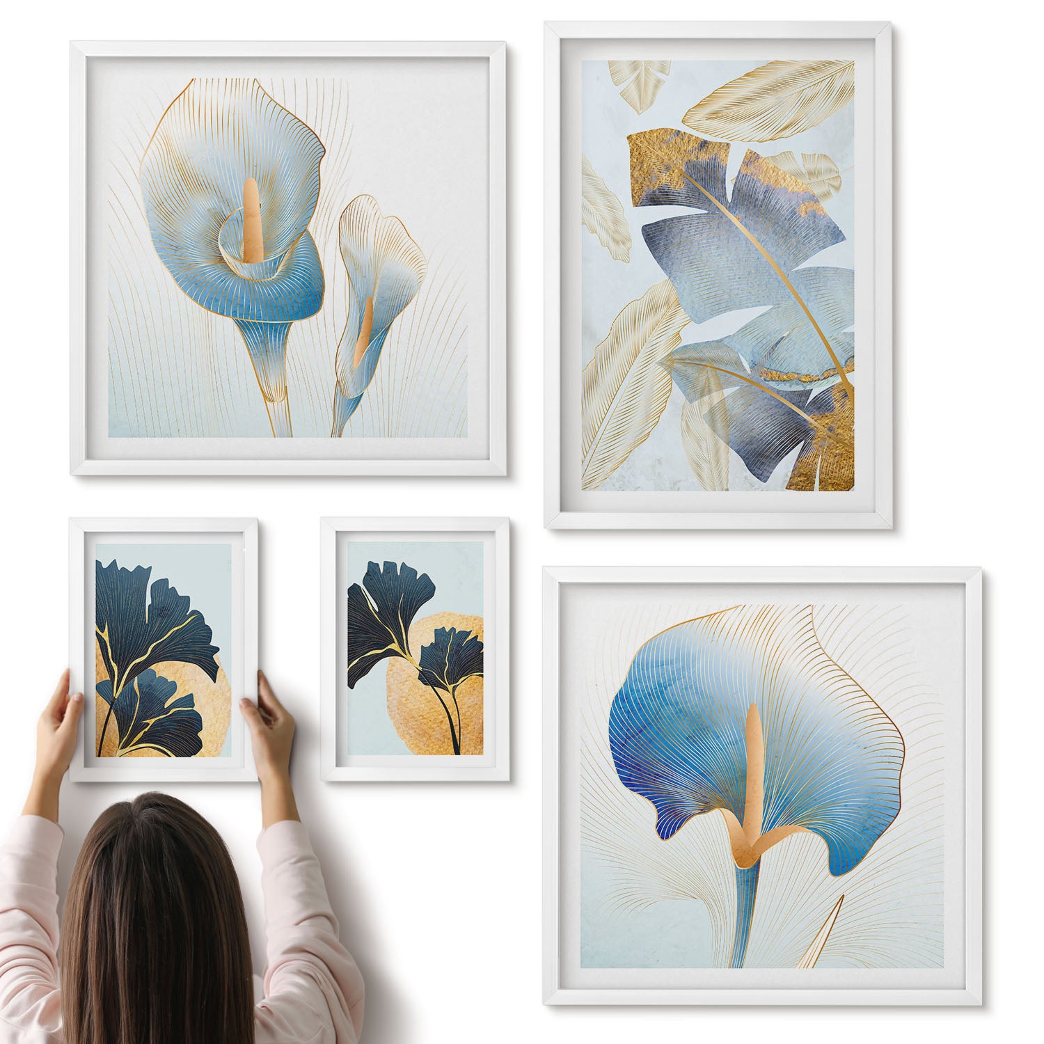 Galeria ścienna 5-częściowy komplet obrazów w białych ramach - Roślinne motywy w stylu nowoczesnym z delikatnymi akcentami - ArtPrintCave