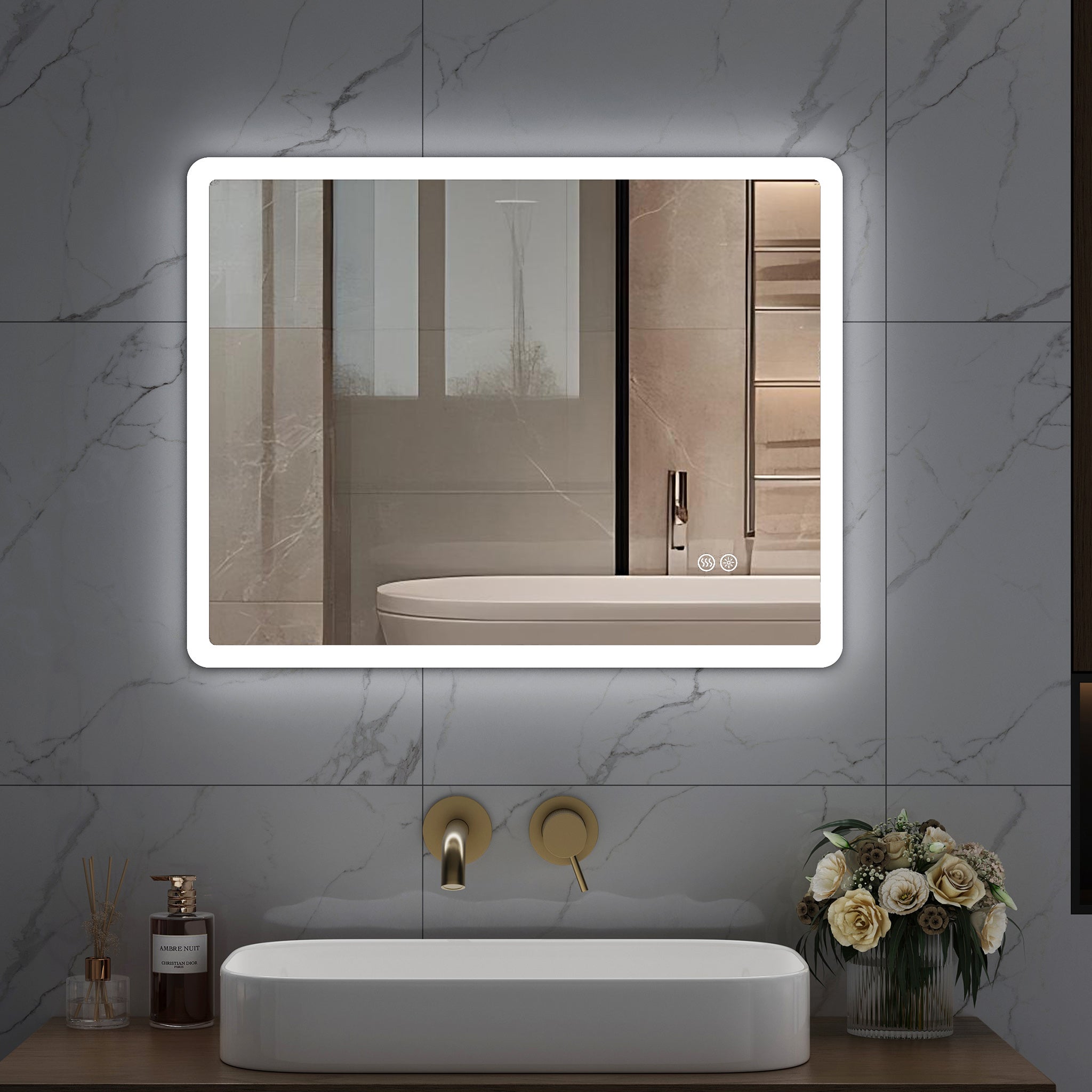 Lustro łazienkowe LED 50x70 cm, przeciwmgielne, ściemnialne, z funkcją pamięci i inteligentnymi przyciskami dotykowymi HOROW
