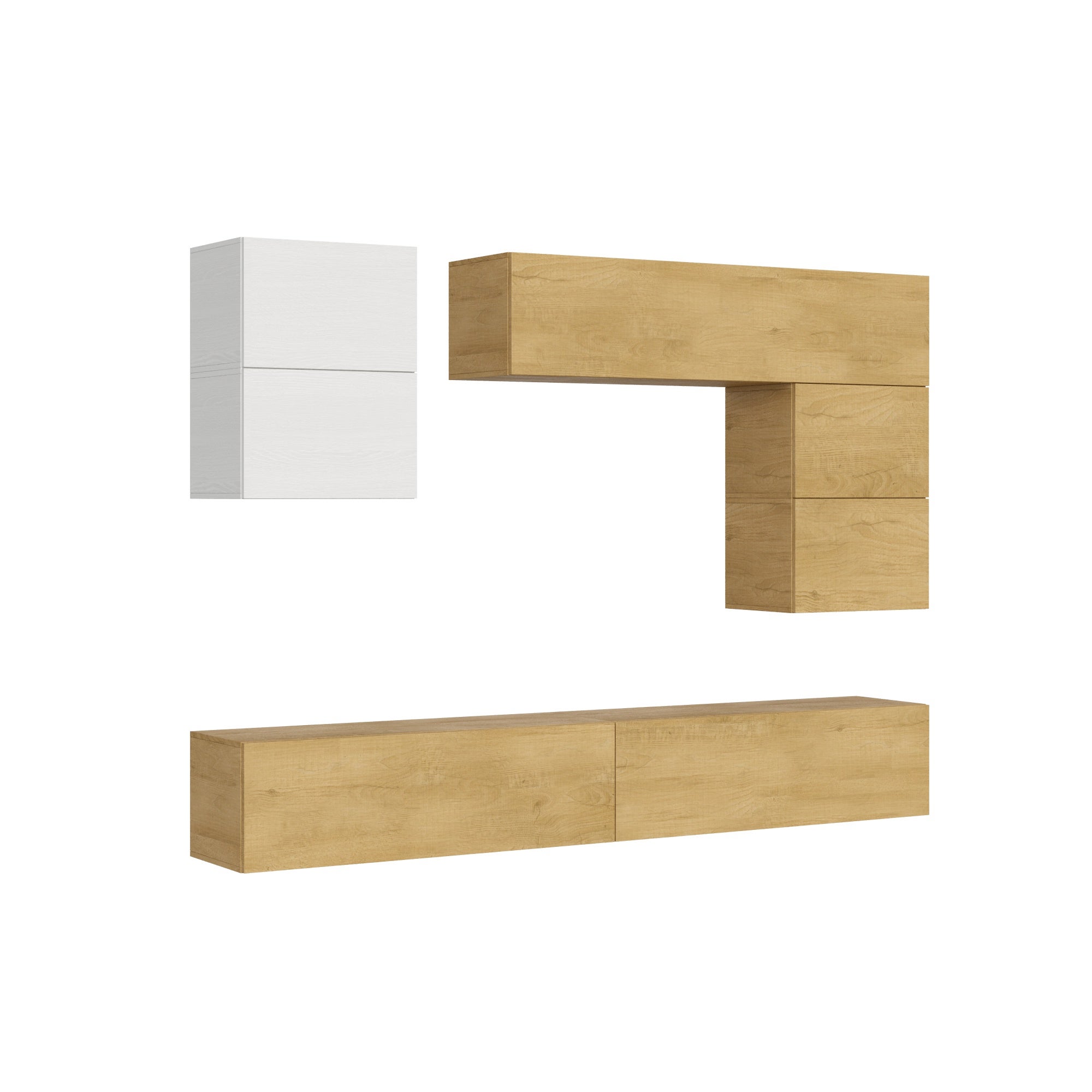 Mueble de pared para sala de estar Isoka A13, 268 cm de ancho, 39,5 cm de profundidad, roble y blanco.
