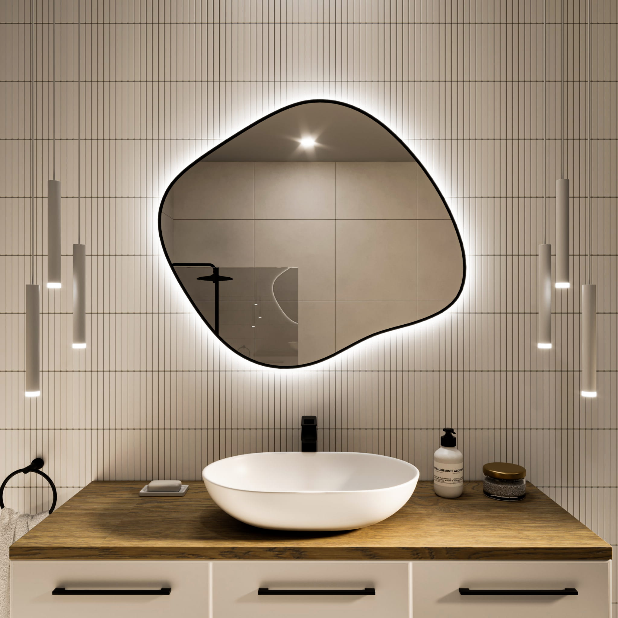 Lustro nieregularne Tiny Border Stain III 60x52 ramka czarna barwa światła neutralna