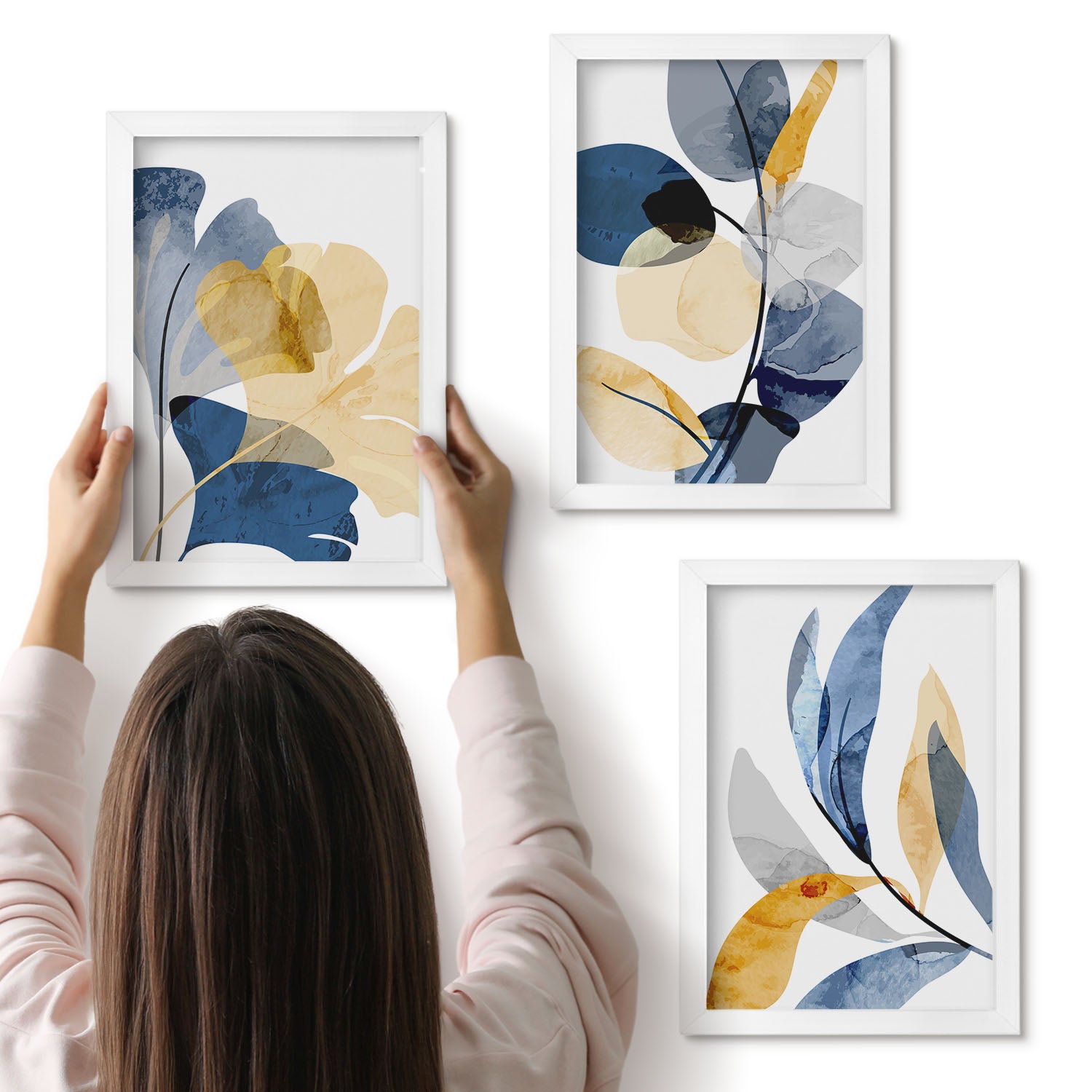 Galeria ścienna 3-częściowy komplet obrazów w białych ramach - Roślinne motywy w akwarelowym stylu - ArtPrintCave