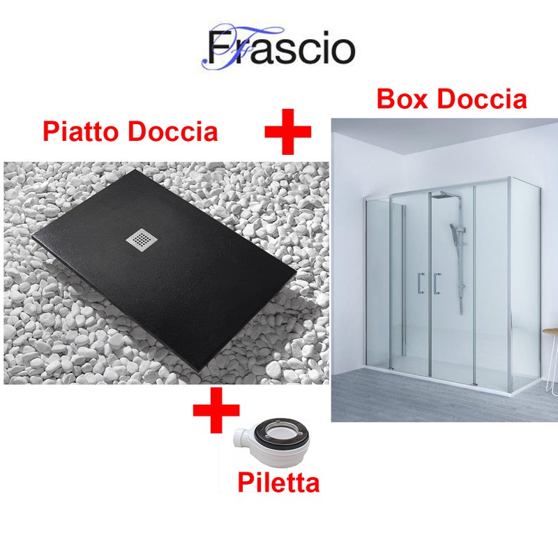Brodzik Vulcano Line Slim Black 85x180 cm + Kabina prysznicowa 85x180 cm z jedną stałą taflą szkła i centralnym otworem z 4 taflami szkła - FRASCIO