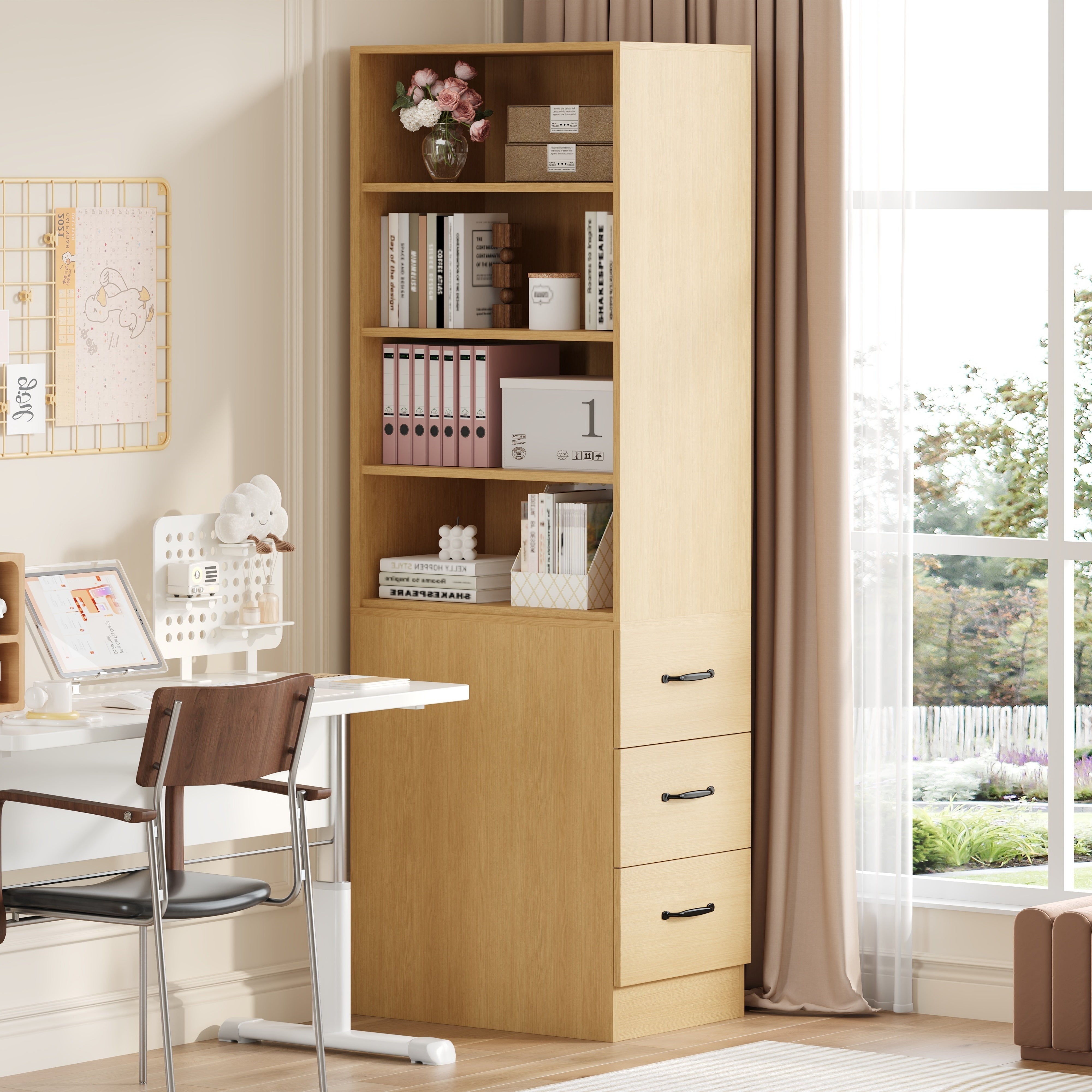 Biblioteka 180 cm wysokości - z 3 szufladami bocznymi - Regulowane półki - Lewa/prawa odwracalna - Naturalny