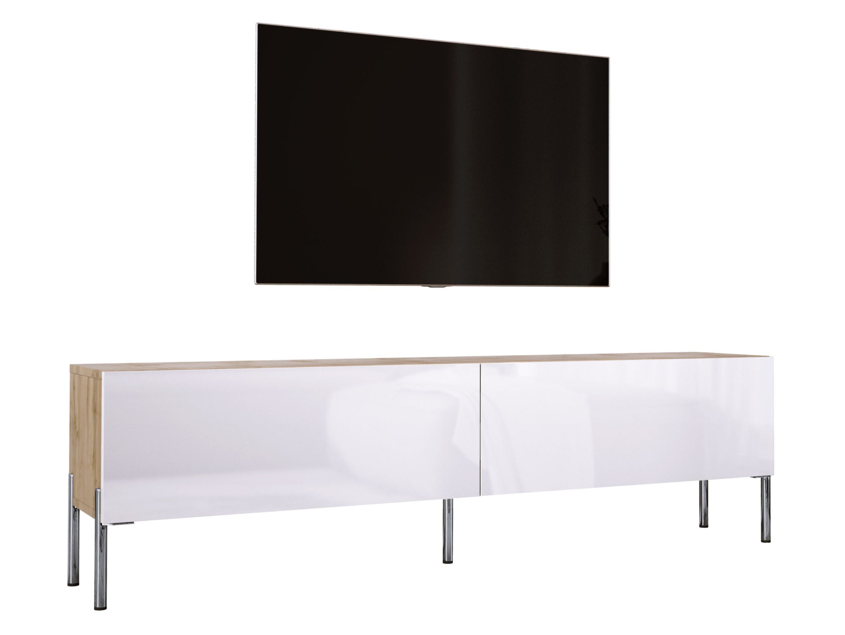Szafka RTV: Dąb Wotan / Biały Połysk, Nogi Chrom, 170 x 52 x 32 cm