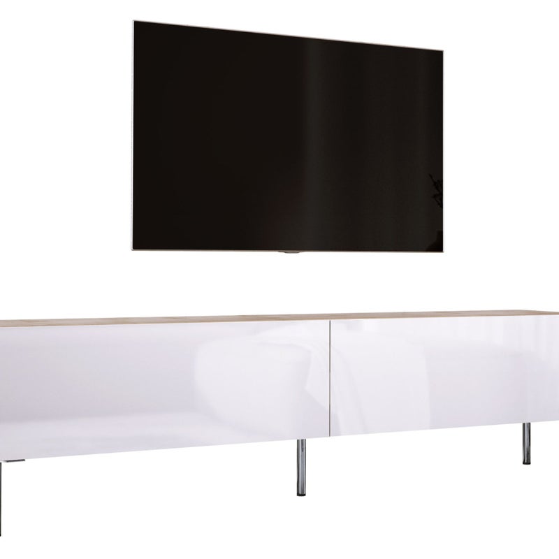 Szafka RTV: Dąb Wotan / Biały Połysk, Nogi Chrom, 170 x 52 x 32 cm