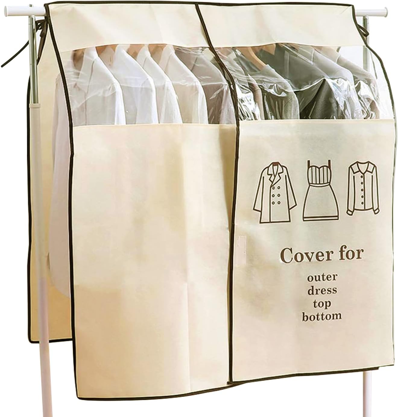 Pokrowiec Ochronny na Ubrania 90 × 110 cm Beżowy Pokrowiec Antykurzowy Ochronny Stojak Uniwersalny Garment Covers