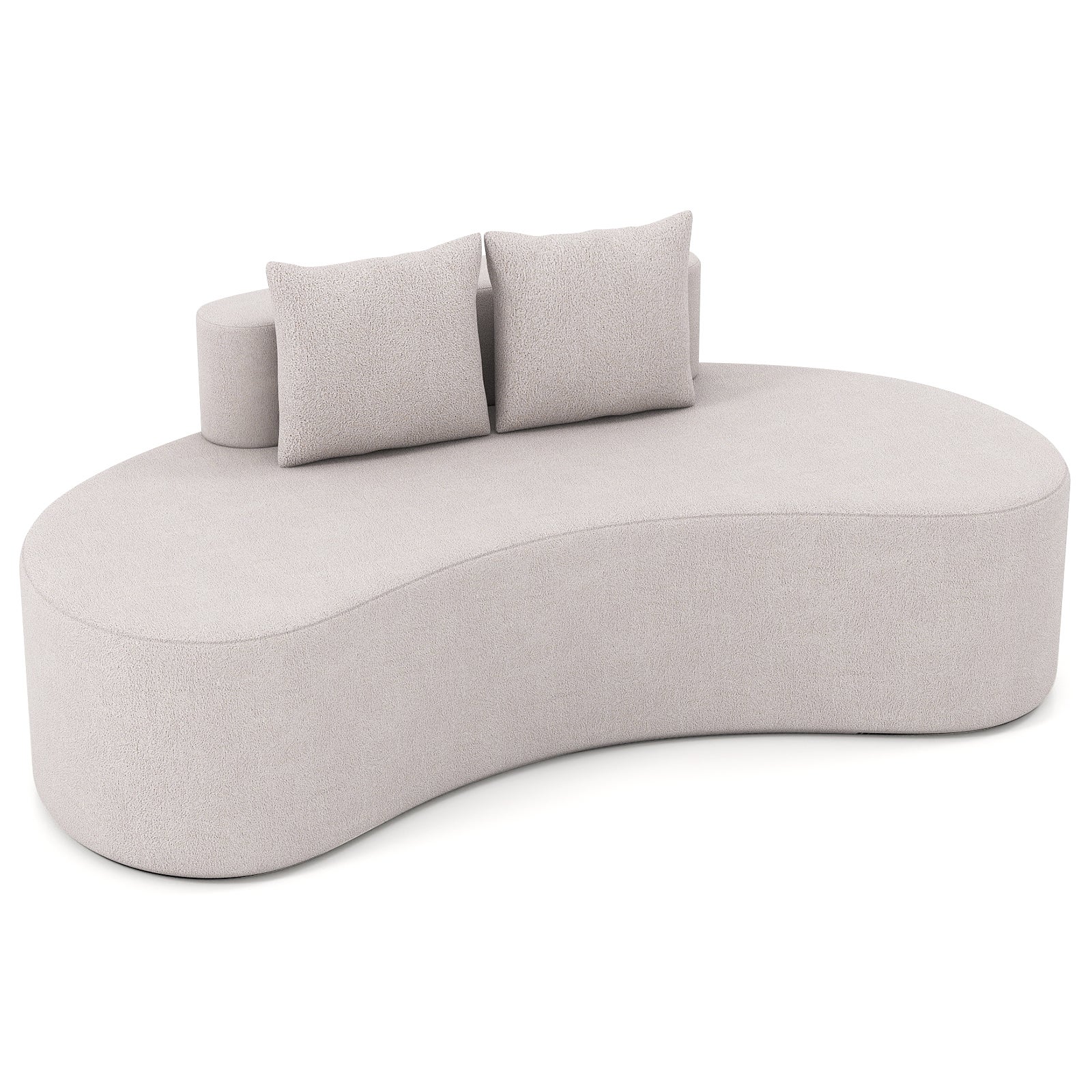 Zakrzywiona sofa tapicerowana z 2 poduszkami, niskie oparcie, piankowe siedzisko, antypoślizgowa podstawa, bez montażu (szara)