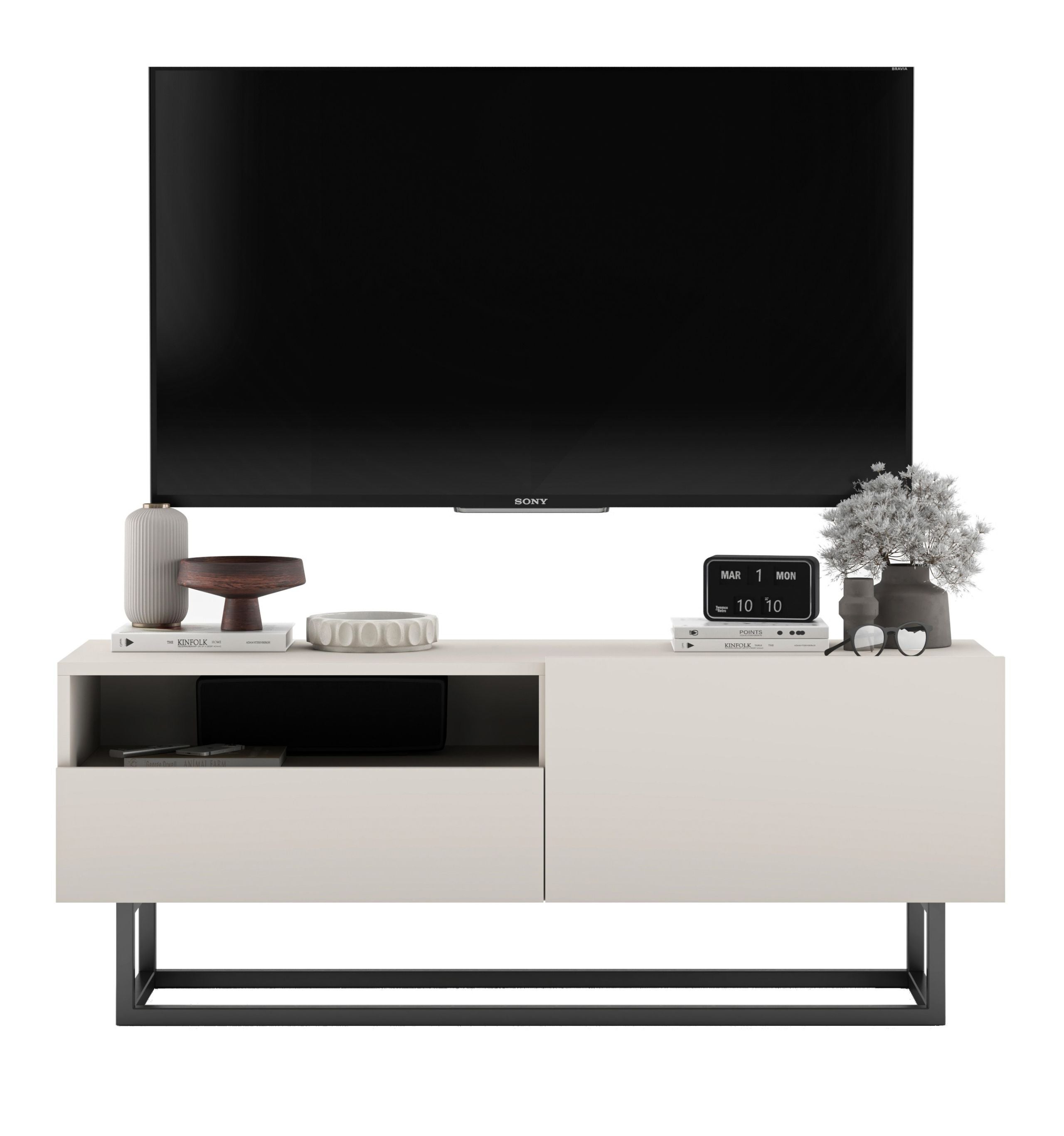 Szafka RTV Loft 120 cm kaszmir mat, komoda z szufladą i metalowym stelażem do salonu