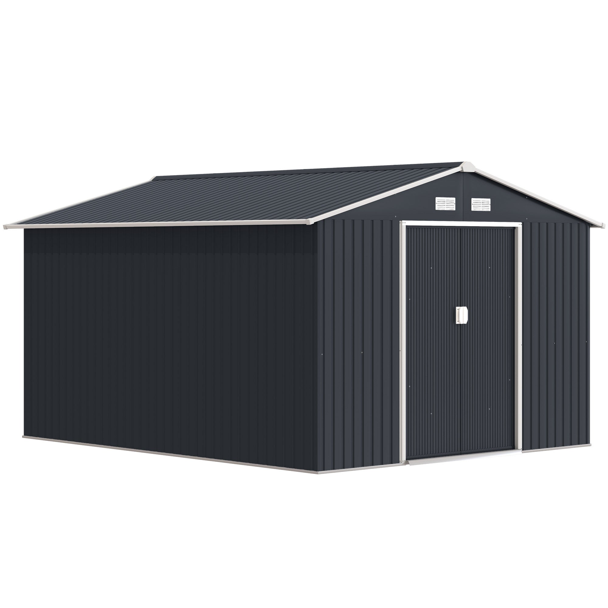 Domek ogrodowy 8,3 m² 277 x 322 x 192 cm z 2 drzwiami przesuwnymi, wzmocniona podstawa (bez podłogi), szary