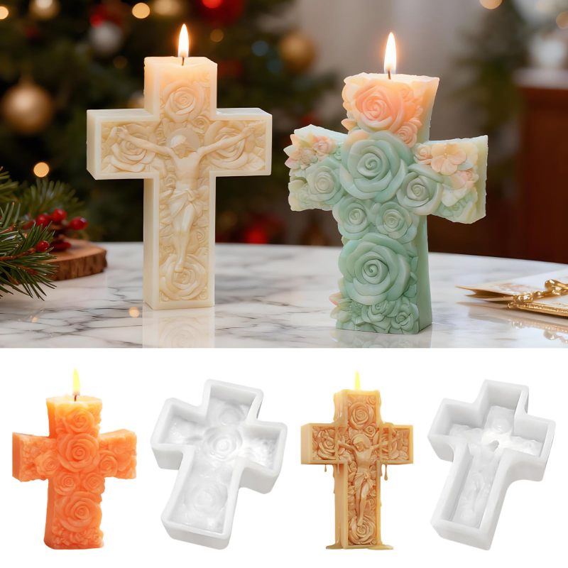 2 formy krzyż z różami, do świec/gipsu/żywicy, realistyczny 3D.